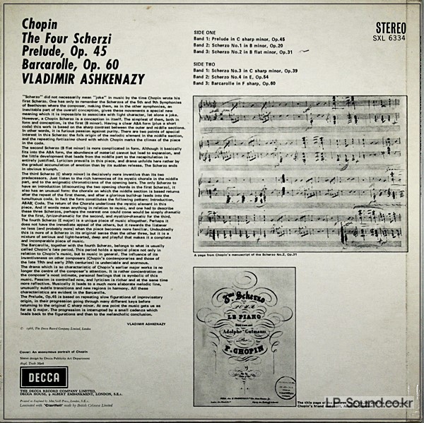 CHOPIN 4 SCHERZI PRELUDE BARCAROLLE VLADIMIR ASHKENAZY  SXL 6334