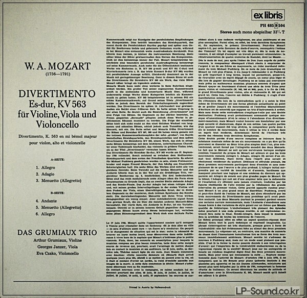 MOZART ARTHUR GRUMIAUX TRIO DIVERTIMENTO K.563 EX LIBRIS LIZENSIERT PHILIPS