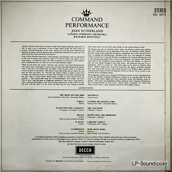 COMMAND PERFORMANCE SUTHERLAND LSO BONYNGE VOLUME 2  SXL 6074