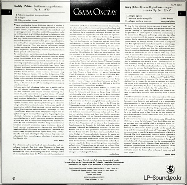CSABA ONCZAY CELLO / KODALY SOLO SONATA - RADIOTON SLPX 31269