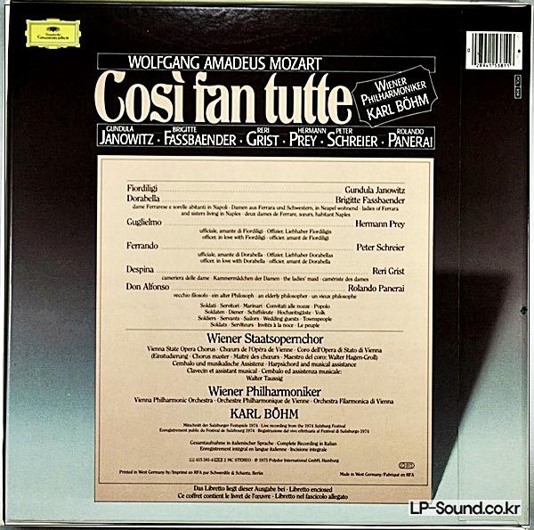 MOZART COSI FAN TUTTE  KARL BOHM JANOWITZ  DGG 415 381-1 TRIPLE STEREO LP BOX