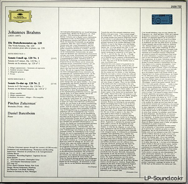 BRAHMS THE VIOLA SONATAS ZUKERMAN BARENBOIM DG 2530 722