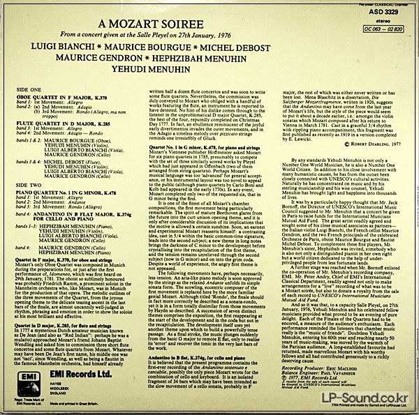 MOZART SOIREE / MENUHIN / BIANCHI / GENDRON  ASD 3329
