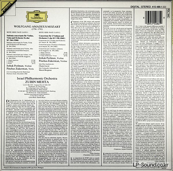 MOZART: SINFONIA  PERLMAN, ZUKERMAN  DGG 415 486-1
