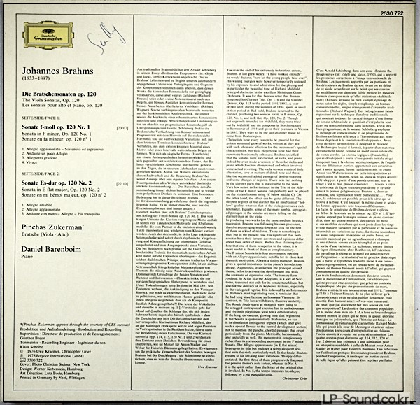 BRAHMS THE VIOLA SONATAS ZUKERMAN BARENBOIM DG 2530 722