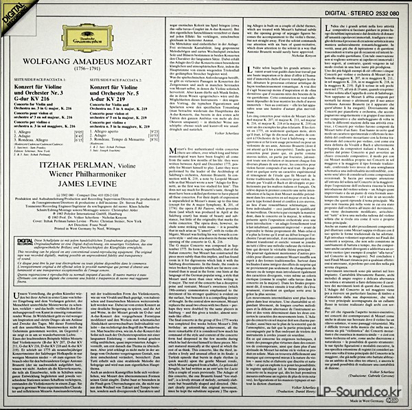 MOZART VIOLIN CONCERTO NO.3&5 PERLMAN LEVINE DG 415 975-1