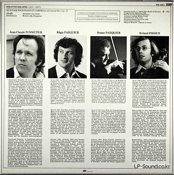 BRAHMS / QUATUOR OP.25 R. & B. PASQUIER / PENNETIER / PIDOUX HM 1062