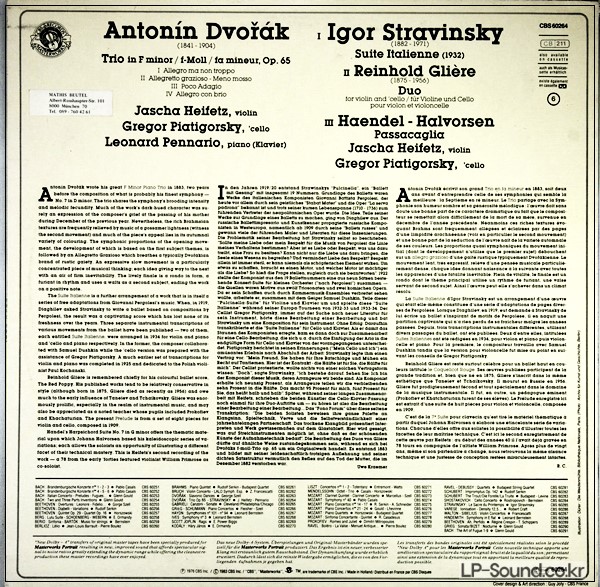 HEIFETZ, PIATIGORSKY, PENNARIO  DVORAK, STRAVINSKY,  CBS, 60264