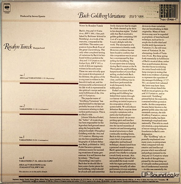 BACH THE GOLDBERG VARIATIONS ROSALYN TURECK / CBS  2 LPS