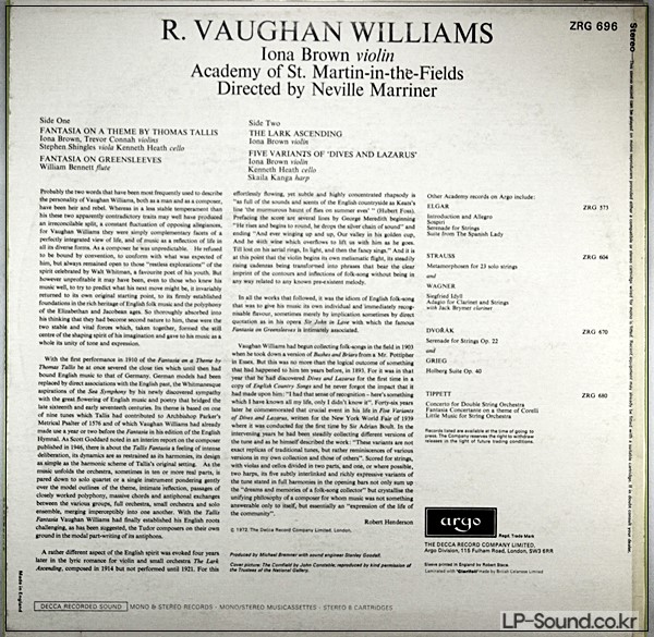 WILLIAMS, MARRINER - FANTASIA ON A THEME BY THOMAS TALLIS ZRG 696
