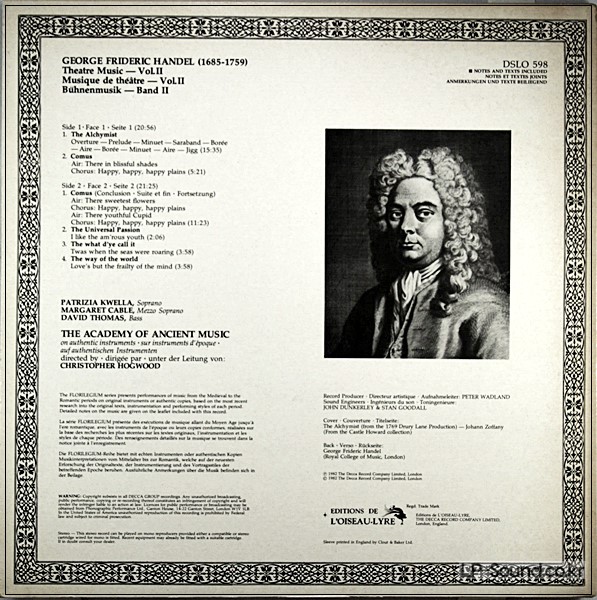 HANDEL - THEATRE MUSIC VOL. II - ACADEMY OF ANCIENT MUSIC, HOGWOOD - DSLO 598
