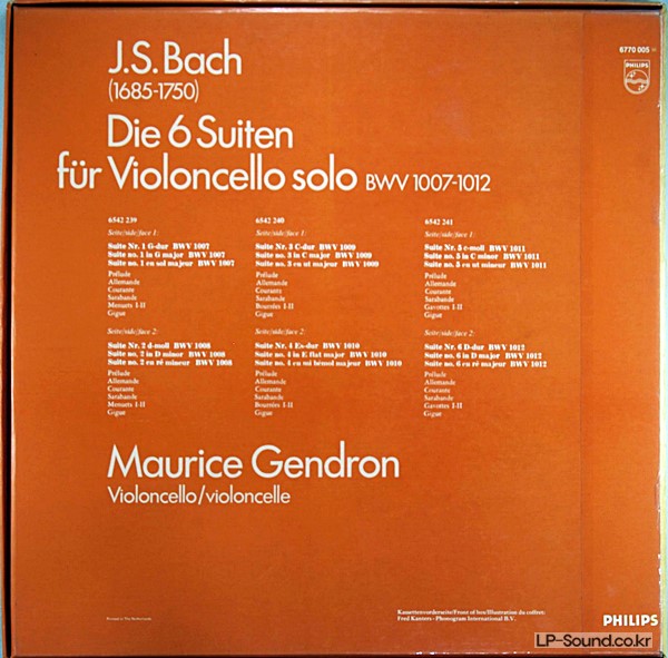 BACH LES SUITES POUR CELLEO SUITEN MAURICE GENDRON PHILIPS 6770 005