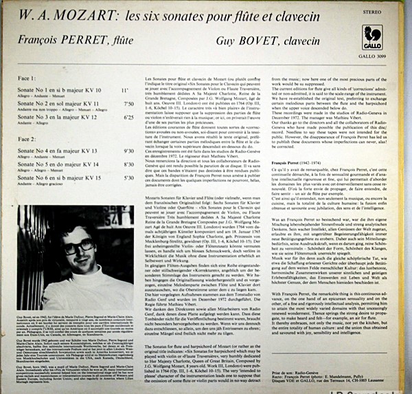 MOZART : LES SIX  SONATAS, POUR FLUTE ET CLAVESIN  FRANÇOIS PERRET, FLUTE –