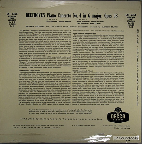 BEETHOVEN PIANO CONCERTO NO.4 - WILLIAM BACKHAUS 1957 UK LP DECCA LXT 5354