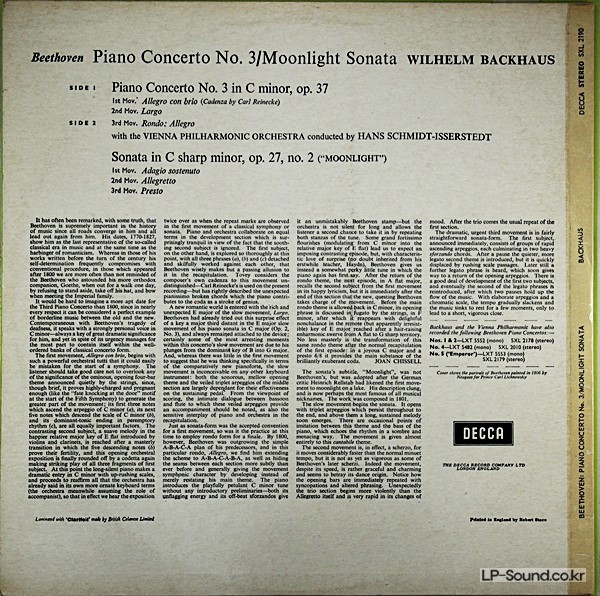 BEETHOVEN PIANO CONCERTO NO.3 BACKHAUS SXL 2190