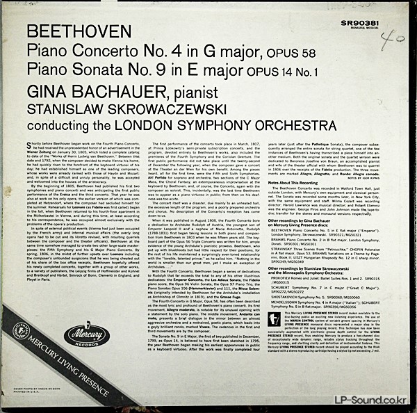 BEETHOVEN PIANO CONCERTO NO.4 & SONATA NO.9 GINA BACHAUER SR 90381