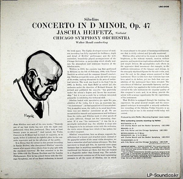 SIBELIUS VIOLIN CONCERTO LP JASCHA HEIFETZ LSC-2435