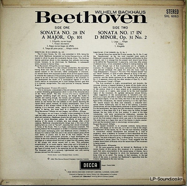 BEETHOVEN SONATAS / BACKHAUS - 1ST ED  SXL 6063