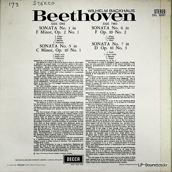 BEETHOVEN PIANO SONATAS 1,5,6 & 7 WILHELM BACKHAUS DECCA SXL 6097